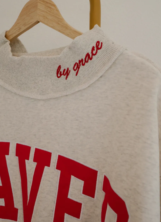 Grey Saved By Grace Embroidered Detail Letter Graphic High Neck Sweatshirt