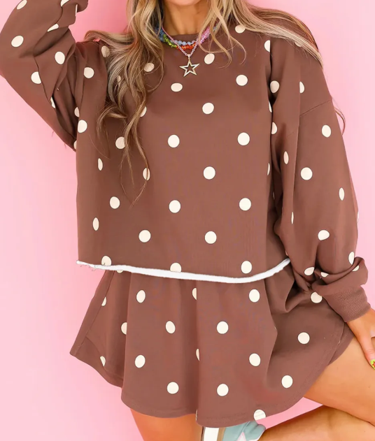 Aggy Brown Polka Dot Raw Hem Relaxed Pullover Loose Skort Two Piece Set