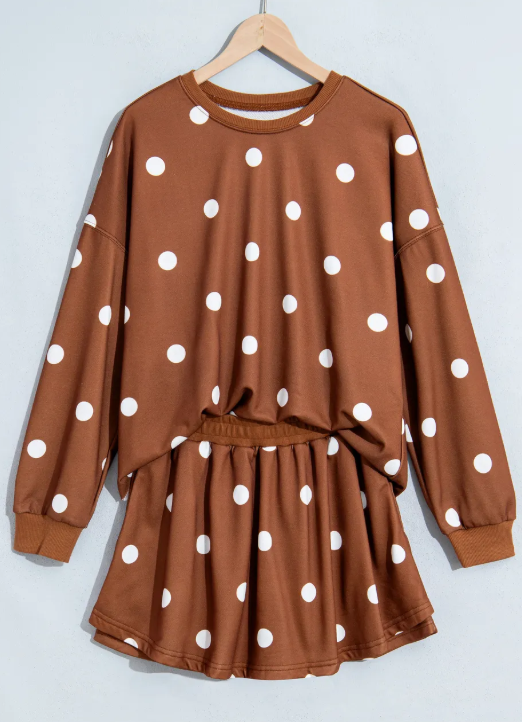 Aggy Brown Polka Dot Raw Hem Relaxed Pullover Loose Skort Two Piece Set
