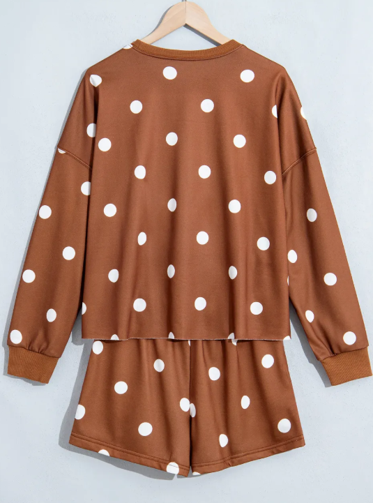 Aggy Brown Polka Dot Raw Hem Relaxed Pullover Loose Skort Two Piece Set