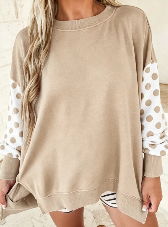 Cilla Khaki Polka Dot Patchwork Sleeve Crew Neck Loose Pullover Sweatshirt