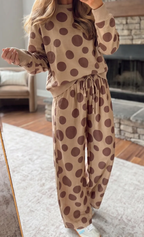 Marigold Khaki Polka Dot Long Sleeve Top Drawstring Relaxed Pants Set