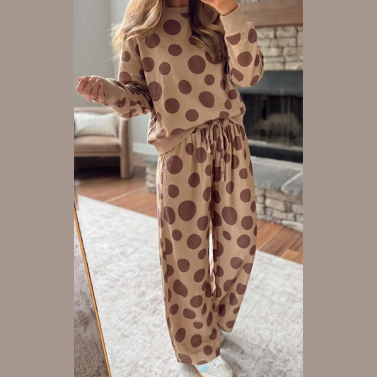 Marigold Khaki Polka Dot Long Sleeve Top Drawstring Relaxed Pants Set