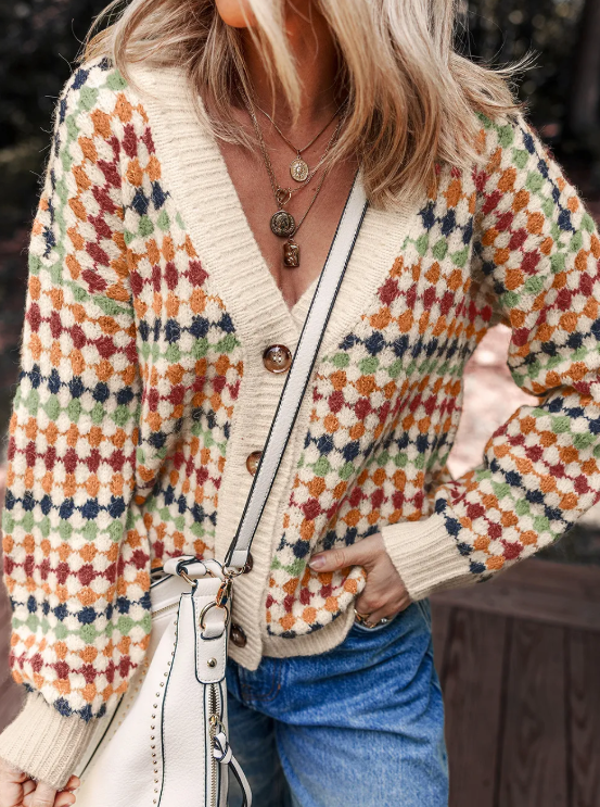 Jeneva Dotty Pattern Knit Button Front V Neck Sweater Cardigan