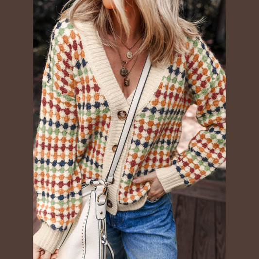 Jeneva Dotty Pattern Knit Button Front V Neck Sweater Cardigan