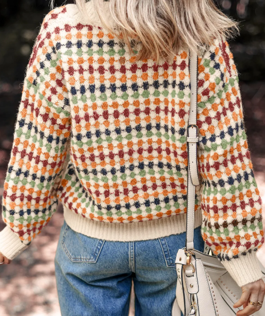 Jeneva Dotty Pattern Knit Button Front V Neck Sweater Cardigan