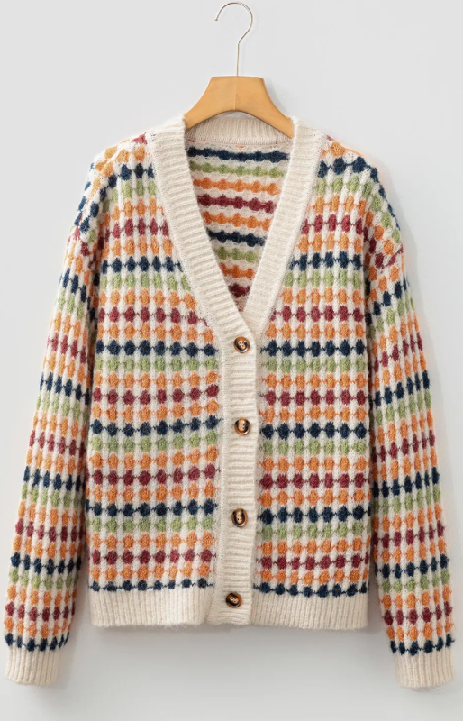 Jeneva Dotty Pattern Knit Button Front V Neck Sweater Cardigan