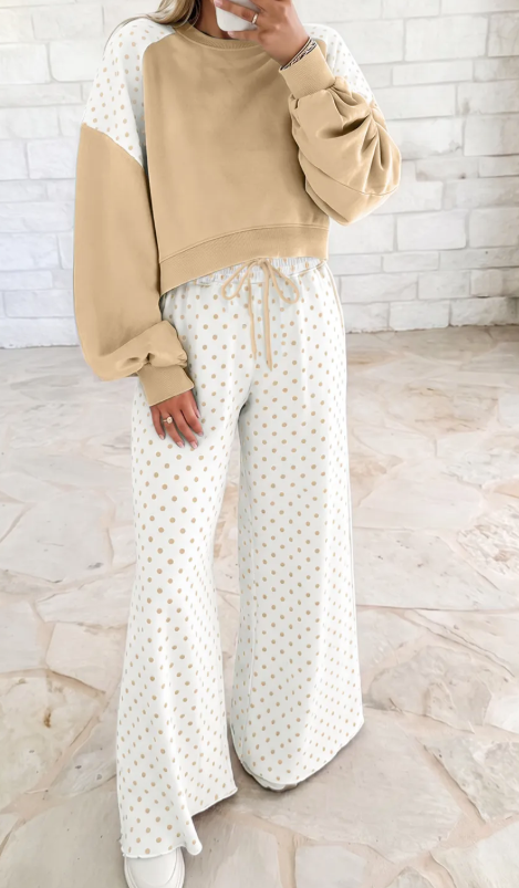 Sharie Khaki Polka Dot Patchwork Colorblock Long Sleeve Casual Two Piece Pants Set