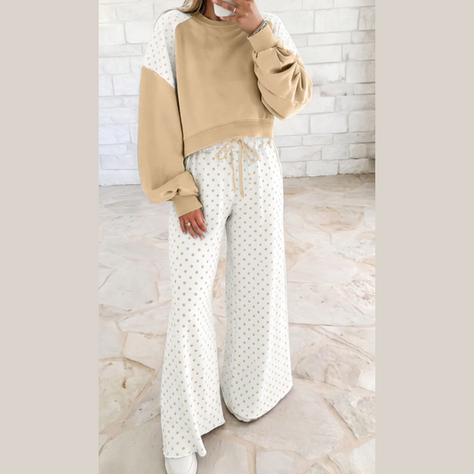 Sharie Khaki Polka Dot Patchwork Colorblock Long Sleeve Casual Two Piece Pants Set