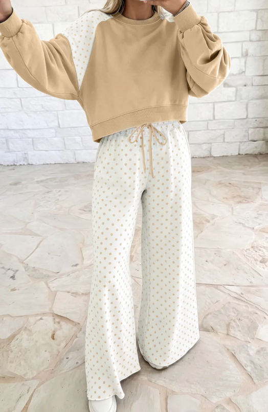 Sharie Khaki Polka Dot Patchwork Colorblock Long Sleeve Casual Two Piece Pants Set