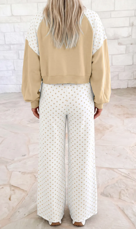 Sharie Khaki Polka Dot Patchwork Colorblock Long Sleeve Casual Two Piece Pants Set