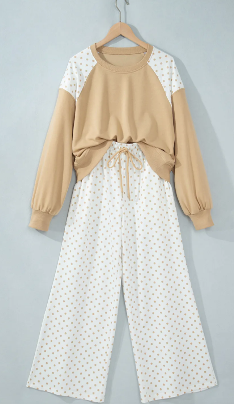 Sharie Khaki Polka Dot Patchwork Colorblock Long Sleeve Casual Two Piece Pants Set