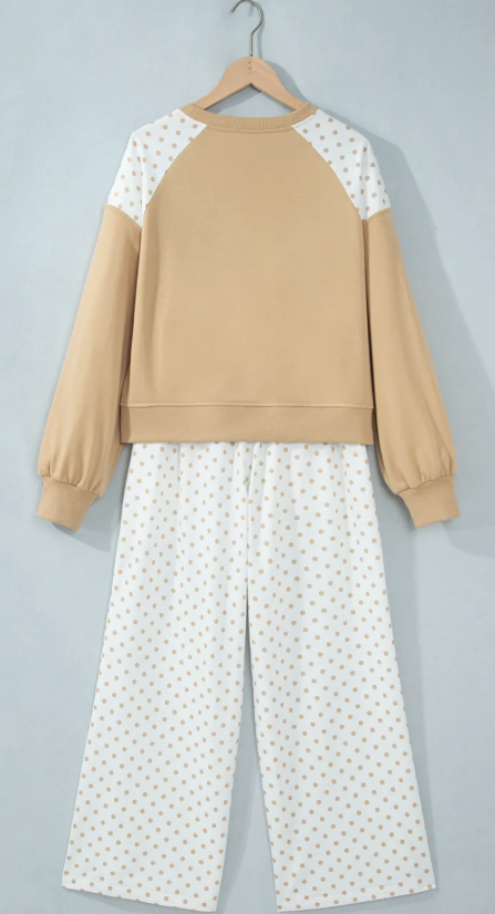 Sharie Khaki Polka Dot Patchwork Colorblock Long Sleeve Casual Two Piece Pants Set