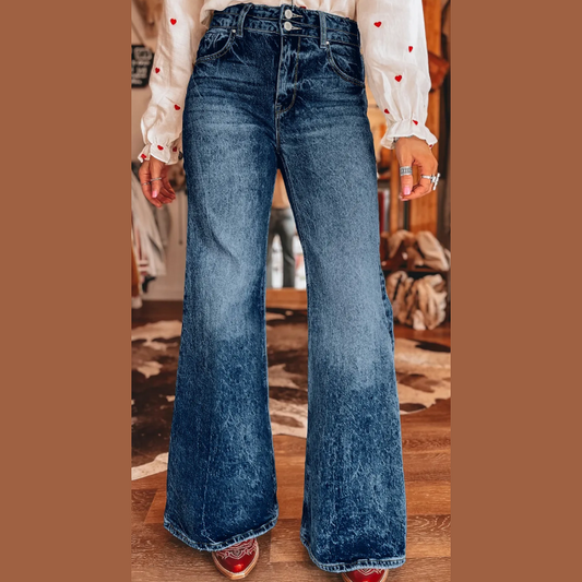 Selena Sail Blue Acid Wash Pocket Detail Flare Jeans