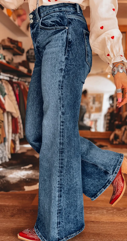 Selena Sail Blue Acid Wash Pocket Detail Flare Jeans