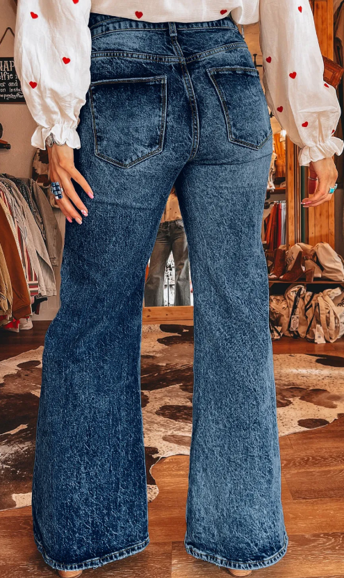 Selena Sail Blue Acid Wash Pocket Detail Flare Jeans