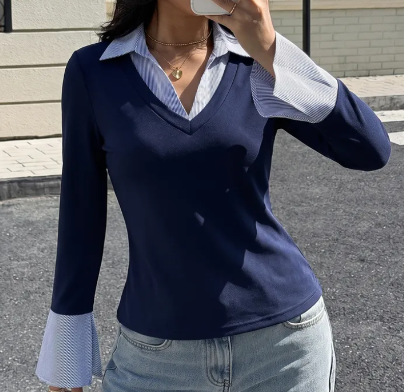 Paulette Navy Stripe Faux Two Piece Top