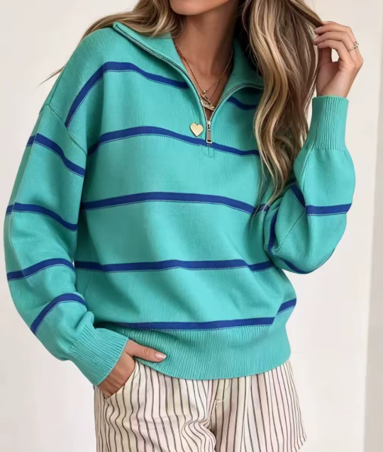 Kelleigh Coastal Stripe Quarter Zip Sweater