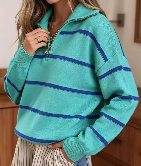 Kelleigh Coastal Stripe Quarter Zip Sweater