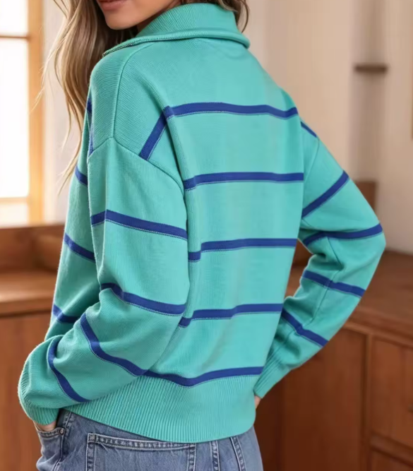 Kelleigh Coastal Stripe Quarter Zip Sweater