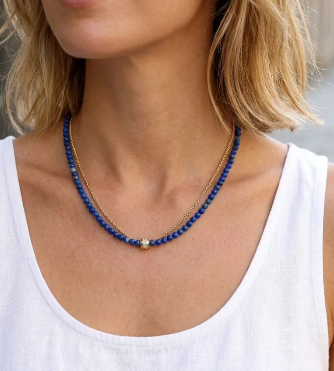2 Piece Beaded Chain Natural Stone Necklace - 6 Colors