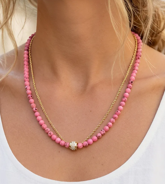 2 Piece Beaded Chain Natural Stone Necklace - 6 Colors