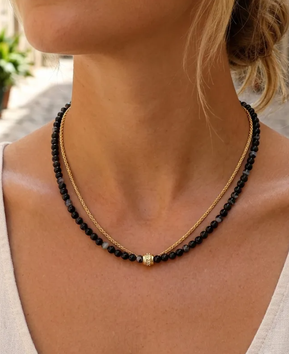2 Piece Beaded Chain Natural Stone Necklace - 6 Colors