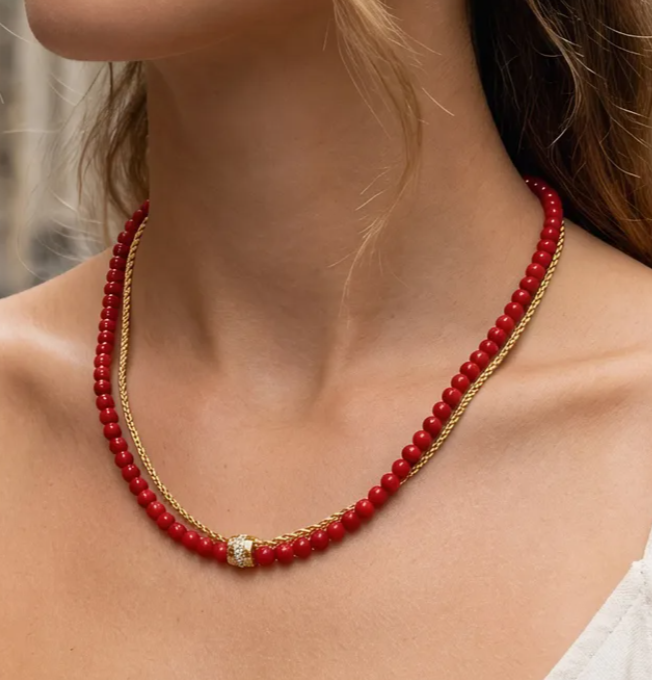 2 Piece Beaded Chain Natural Stone Necklace - 6 Colors