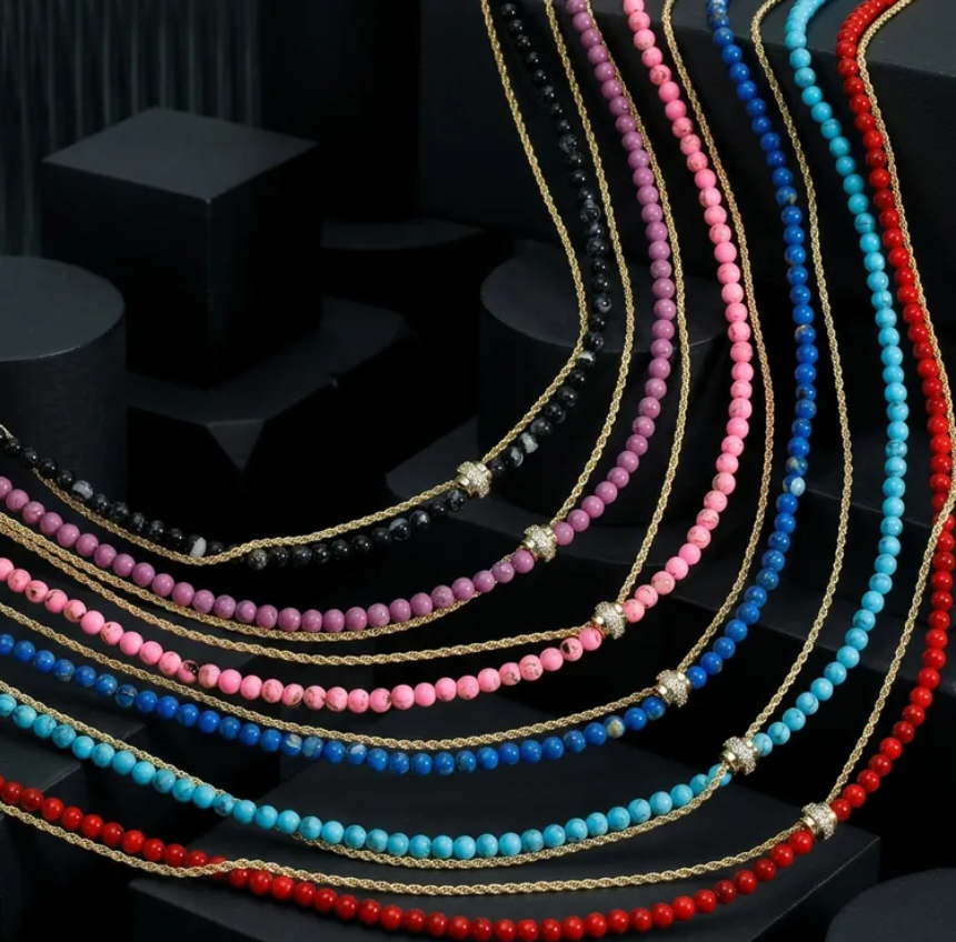 2 Piece Beaded Chain Natural Stone Necklace - 6 Colors