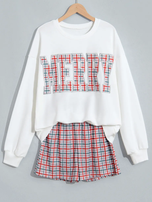 Green Plaid MERRY Holiday Long Sleeve Top and Shorts Set