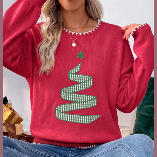 Racing Red Stitched Detail Christmas Tree Holiday Casual Sweater