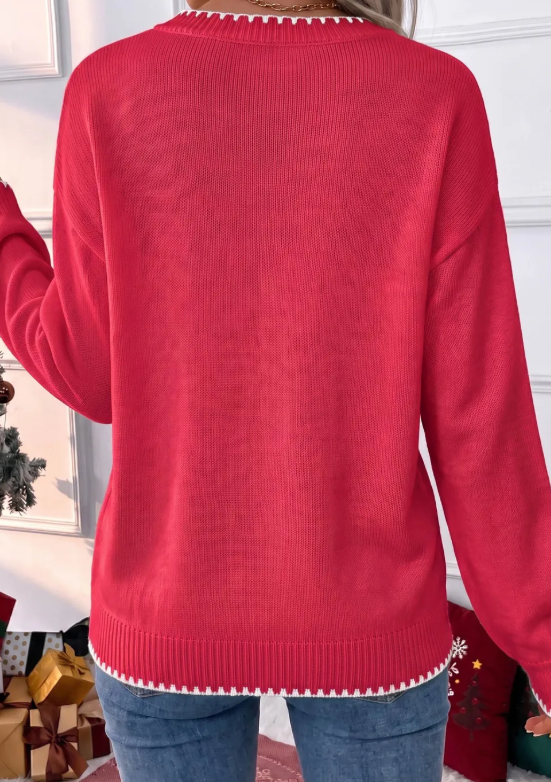 Racing Red Stitched Detail Christmas Tree Holiday Casual Sweater