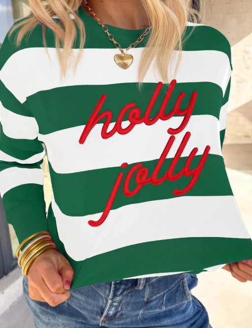 Green Holly Jolly Letter Embroidered Pullover Sweatshirt