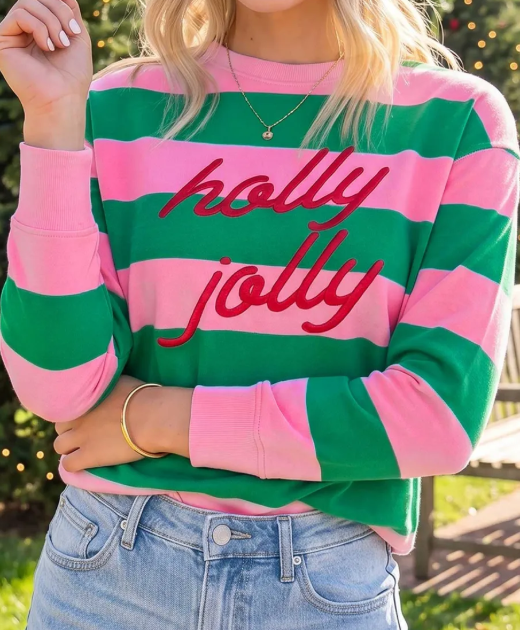 Pink Holly Jolly Letter Embroidered Pullover Sweatshirt