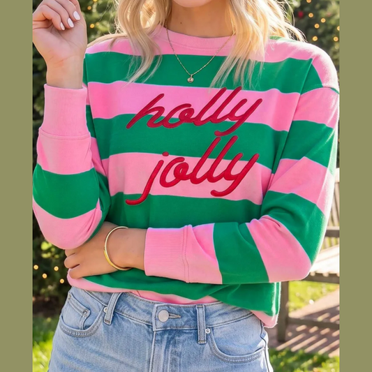 Pink Holly Jolly Letter Embroidered Pullover Sweatshirt