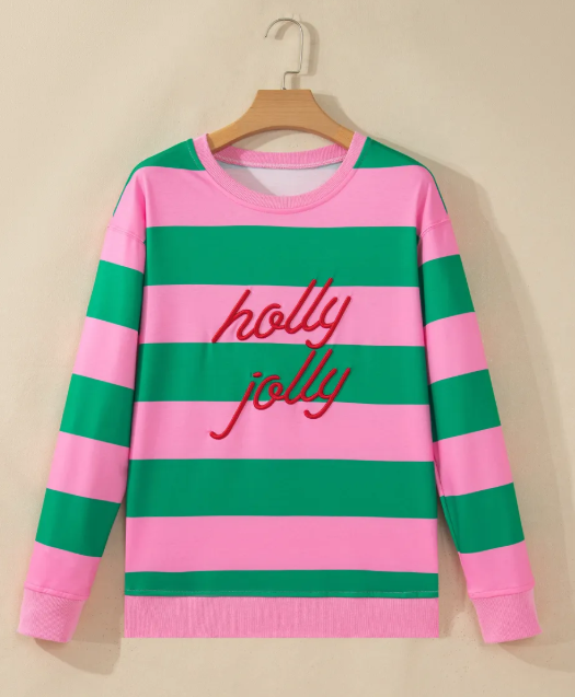 Pink Holly Jolly Letter Embroidered Pullover Sweatshirt