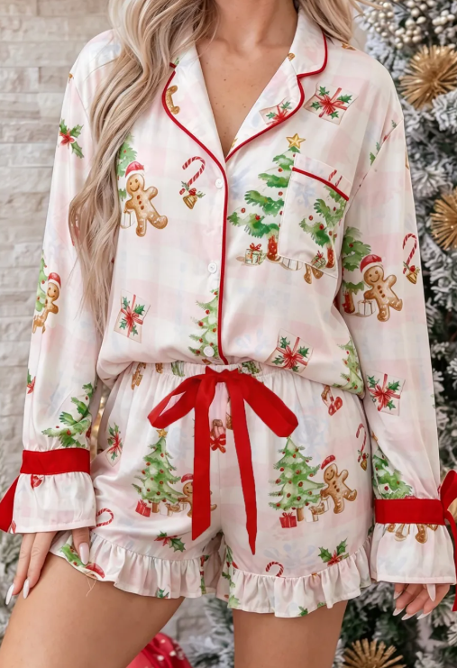Pink Abstract Christmas Print Long Sleeve Two Piece Shift Lounge Set