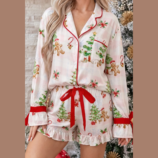 Pink Abstract Christmas Print Long Sleeve Two Piece Shift Lounge Set