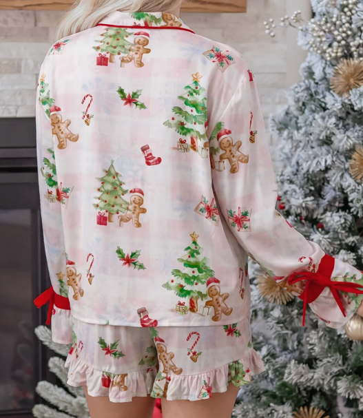 Pink Abstract Christmas Print Long Sleeve Two Piece Shift Lounge Set