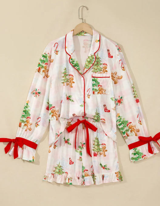 Pink Abstract Christmas Print Long Sleeve Two Piece Shift Lounge Set