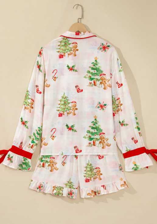 Pink Abstract Christmas Print Long Sleeve Two Piece Shift Lounge Set
