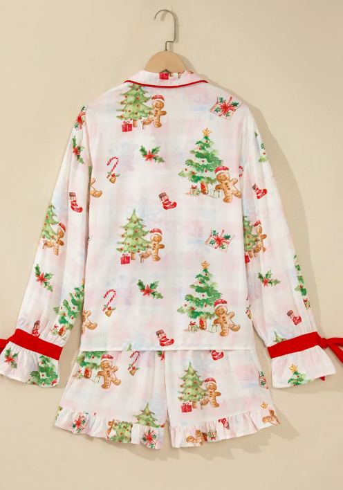 Pink Abstract Christmas Print Long Sleeve Two Piece Shift Lounge Set