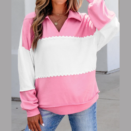 RTS Color Block Ricrac Trim Patchwork Collar V Neck Long Sleeve Top
