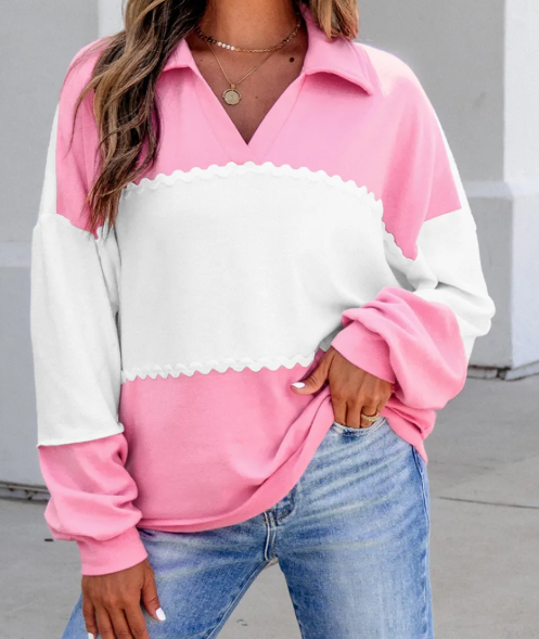 RTS Color Block Ricrac Trim Patchwork Collar V Neck Long Sleeve Top