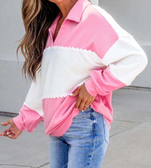 RTS Color Block Ricrac Trim Patchwork Collar V Neck Long Sleeve Top