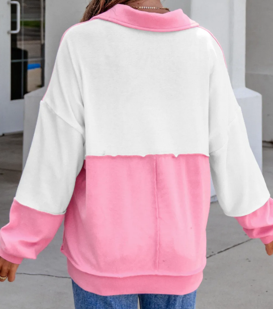 RTS Color Block Ricrac Trim Patchwork Collar V Neck Long Sleeve Top