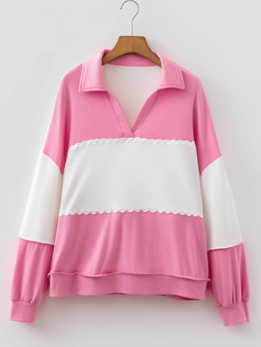 RTS Color Block Ricrac Trim Patchwork Collar V Neck Long Sleeve Top