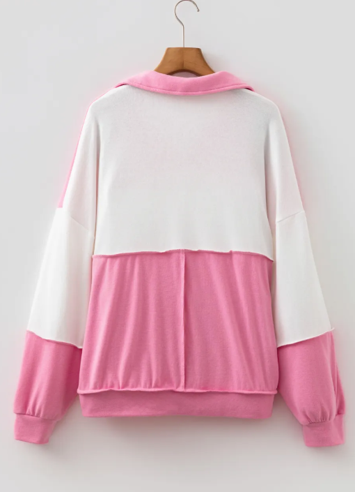 RTS Color Block Ricrac Trim Patchwork Collar V Neck Long Sleeve Top