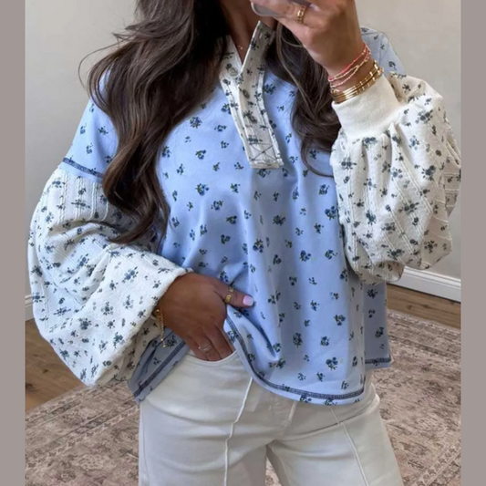 RTS Sky Blue Floral Print Contrast Long Sleeve Top