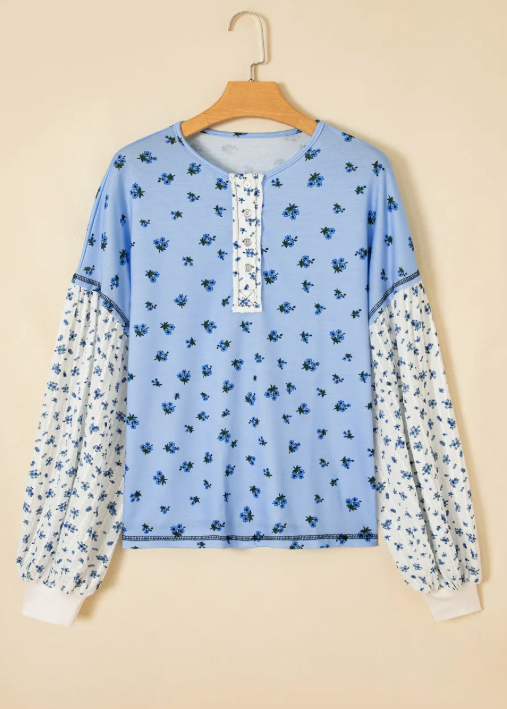RTS Sky Blue Floral Print Contrast Long Sleeve Top
